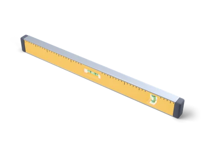 Yellow spirit level with silver measuring edges, gray rubber end caps, tick marks and two green bubble vials