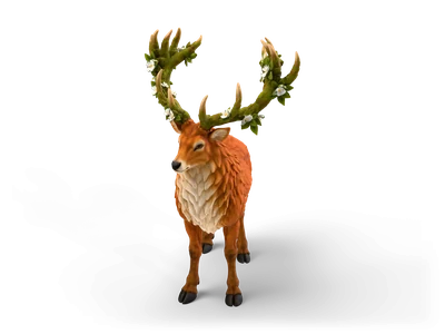 Russet forest stag with a cream chest ruff and huge moss-covered antlers decorated with white blossoms