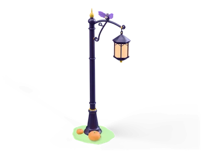 Violette Straßenlaterne aus Schmiedeeisen mit leuchtendem Sechseck-Lampenkopf, kleiner Fledermaus und zwei Kürbissen