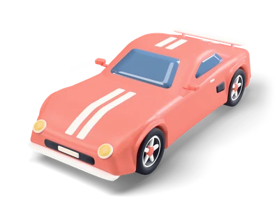 Coral two-door sports car with twin white racing stripes, white rear spoiler, round headlights and five-spoke wheels