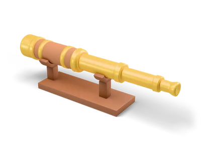 Extended gold coloured telescope with a brown leather barrel resting on a small brown wooden stand