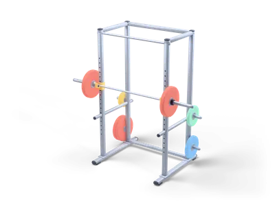 Blue-grey power rack with a loaded barbell on yellow hooks and pastel weight plates on the side