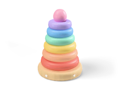 Wooden stacking ring toy with six pastel rainbow rings from red to lavender, a pink ball tip and star-inlaid base