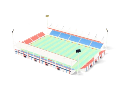 Compact football stadium with red and blue seat rows, striped green pitch, stand roofs and floodlight masts
