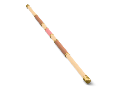 Stylized quarterstaff lying flat, light ash wood with brass end caps, two brown leather grips and a red band in the middle