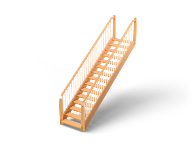 Freestanding wooden staircase with open honey wood steps, white balusters on both sides and a ball topped newel post