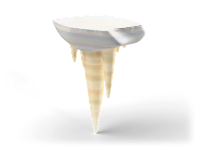 Cluster of cream coloured pointed dripstones hanging below a flat grey rock plate
