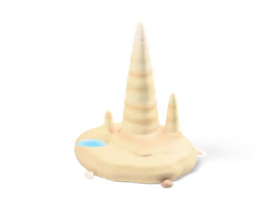 Tall pointed cream stalagmite with smaller cones on a pale mound beside a small blue puddle
