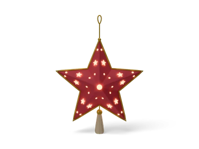 Red folded paper star lantern with gold edges and small glowing star and dot cutouts, gold cord and cream tassel