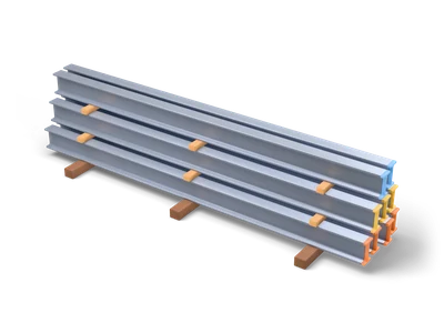 Stack of grey steel I-beams in three layers on dark wooden bearers with coloured marks on the ends