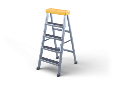 Aluminium step ladder with four steps with dark rubber treads, rubber feet and a yellow plastic top cap