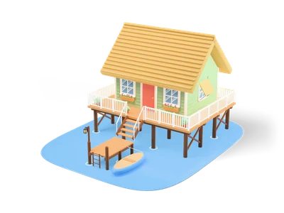 Sage wooden stilt house with thatch roof on piles above blue water, white railing, stairs to a jetty and rowing boat