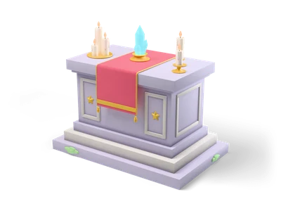 Altar de piedra lila sobre dos escalones con camino rojo, velas crema en candeleros dorados y un cristal cian