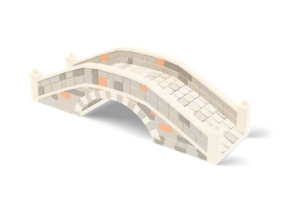 Humpback stone bridge with one arch, grey rubble walls with peach stones, pale parapets and ball-capped pillars