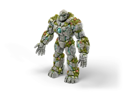 Large stone golem in A-pose with glowing cyan seams, a crystal core in the chest, moss and small flowers