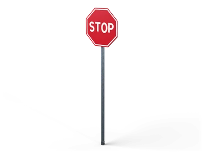 Red octagonal stop sign with white border and raised STOP lettering on a thin perforated steel post