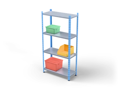 Metal shelving unit with blue slotted uprights, gray shelves and red, yellow and green plastic storage boxes