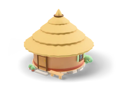 Round clay hut with steep layered conical straw roof, field-stone base, wooden door and small shuttered windows