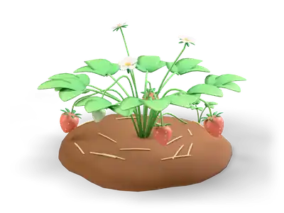 Strawberry plant with green trifoliate leaves, white flowers and ripe red strawberries on a soil mound with straw