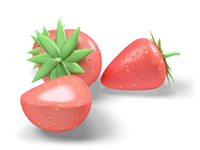 Drei rote Erdbeeren mit grünem Kelch und eine halbierte Erdbeere mit weißem Kern