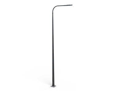Farola alta gris oscura con báculo cónico de acero, brazo largo curvado y luminaria LED plana