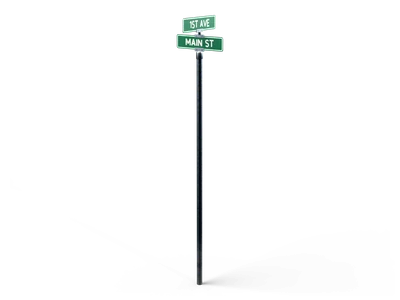 Two crossed green street name blades with white lettering on top of a thin galvanized post