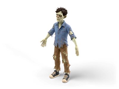 Stylized zombie with green skin and glowing eyes in a torn blue shirt, ragged brown trousers and sneakers