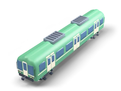 Coche de metro verde y redondo con puertas dobles crema, ventanas redondeadas y grandes ventanas frontales