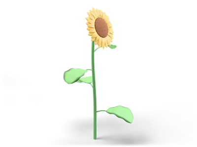 Hohe stilisierte Sonnenblume mit gelbem Blütenkopf und brauner Kernscheibe an schlankem grünem Stiel mit breiten Blättern