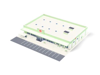 Cream and sage single-storey supermarket with glass front, long canopy, apple sign and a row of parking bays