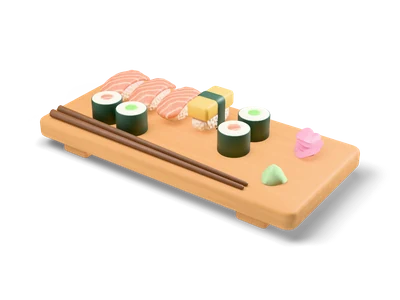 Wooden geta board with salmon and tamago nigiri, maki rolls, ginger, wasabi and chopsticks