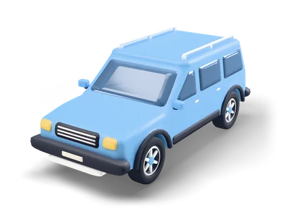 Boxy sky-blue SUV with white roof rails, black bumpers and sills, yellow headlights and silver multi-spoke wheels