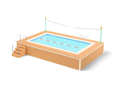 Erhöhtes Rechteckbecken mit cremefarbenem Rand, türkisem Wasser, rot-cremefarbener Schwimmleine, Holzdeck, Treppe und Laternen