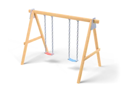 Wooden A-frame double swing set with steel chains, one coral red and one sky blue seat