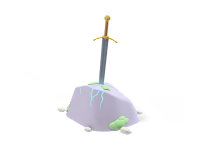 Stylized sword with gold crossguard stuck in a lilac-gray boulder with moss patches and glowing cyan cracks