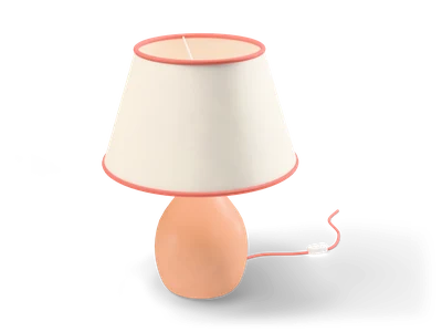 Table lamp with peach ceramic base, cream fabric shade with coral trim and a coral cord