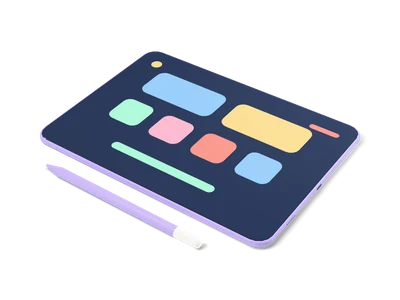 Lavender tablet lying flat with a dark screen of pastel tiles and bars and a lavender stylus with white tip beside it