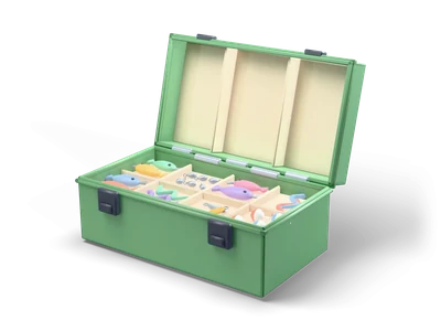 Open green tackle box with a cream tray full of pastel fish lures, worms, spoons, floats and grey sinkers