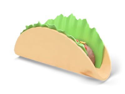 Upright hard-shell taco with ground beef, green lettuce, diced tomato and grated cheese