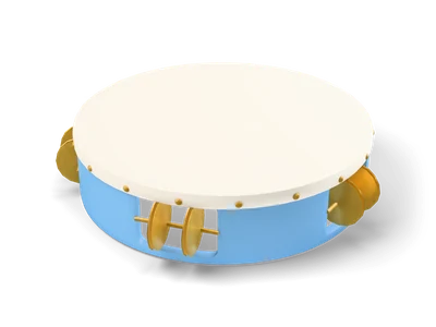 Sky blue tambourine lying flat with a cream head, brass tacks and brass jingles in the frame
