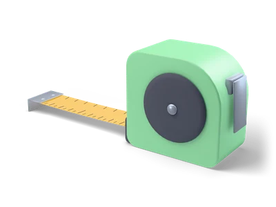Green tape measure case with dark side pad and belt clip, yellow tape with tick marks pulled out onto a steel hook