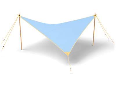 Sky blue square tarp stretched as a twisted shade sail between two wooden poles with mustard guylines