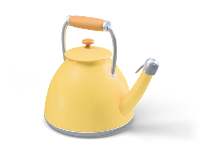 Butter yellow whistling kettle with steel handle, wooden grip and a whistle cap on the spout
