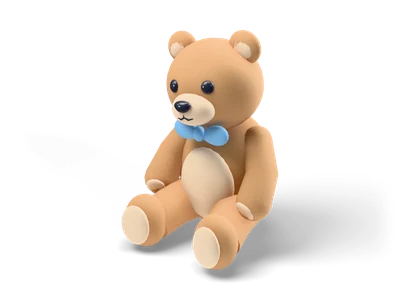 Sitting caramel brown teddy bear with cream tummy and muzzle, black button eyes and a blue bow tie