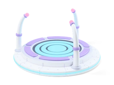 Round white teleporter pad with glowing cyan ring disc, lavender segments and three curved horns with pink tips