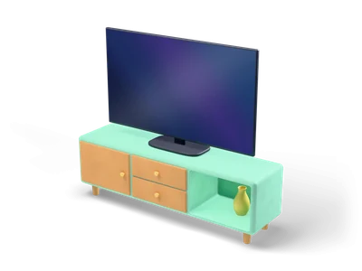 Flat screen TV with dark screen on a mint lowboard with orange door, two drawers with gold knobs and an open shelf