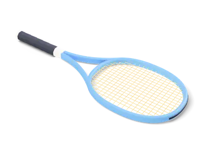 Sky blue tennis racket with yellow strings and a cream grip lying flat