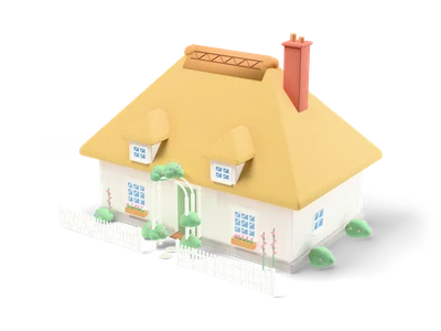 White English cottage with thick rounded golden thatch roof, thatched dormers, brick chimney, rose arch and white picket fence