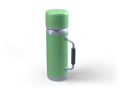 Green thermos flask with silver bands, a green cup lid and a metal side handle with a black grip