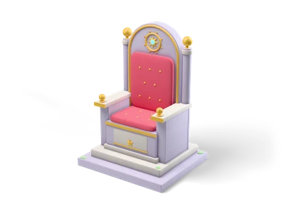 Lilac stone throne with red tufted cushions, gold trim and finials and a cyan gem on a stepped dais